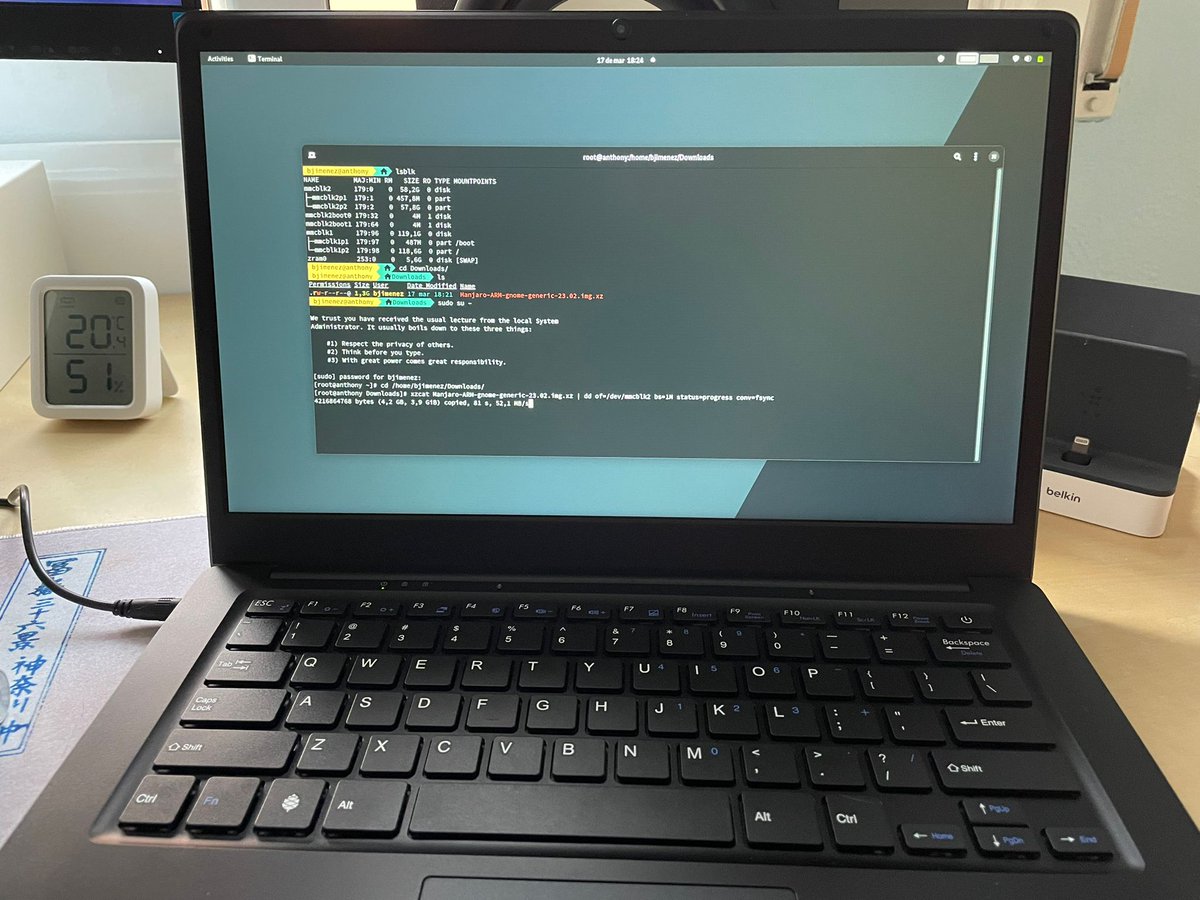 br_jimenez's tweet photo. Happy #PinebookPro arrival day (after paying 89€ for VAT and &amp; customs duties)!
Just after updating stock Manjaro, laptop refuses to boot, so reinstalling distro to eMMC😂 https://t.co/i7bFQKOT8A