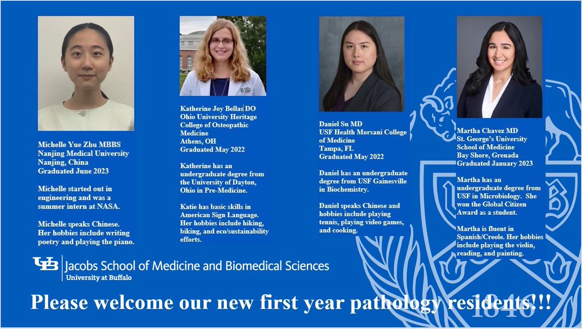 Please join us in giving a warm Buffalo welcome to our new first year pathology residents! Introducing Drs. Zhu, Bellas, Su, and Chavez! #Match2023 #matchday #matchday23 #matchday2023 #pathmatch #pathmatch23 #path2path #pathtwitter