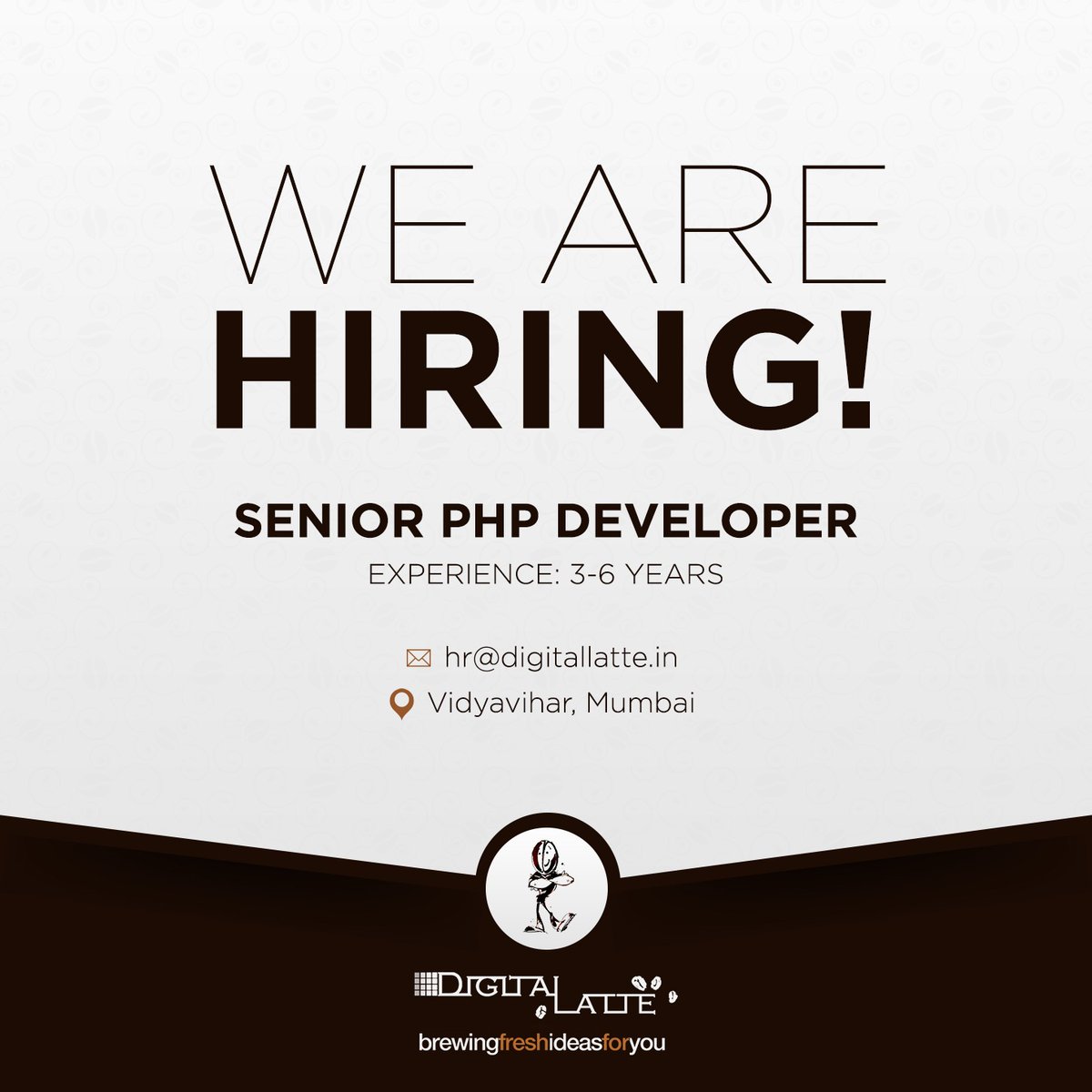 DigitalLatte's tweet image. Are you looking for a Job/Job Switch?
Join us to code & brew fresh ideas.
Mail your CV along with the below details to hr@digitallatte.in
Current CTC
Expected CTC
Notice Period (if any)
.
.
#WebDeveloper #CodingJobs #PHPDeveloper #AgencyJobs #Mumbai #MumbaiJobs #WebDevelopment