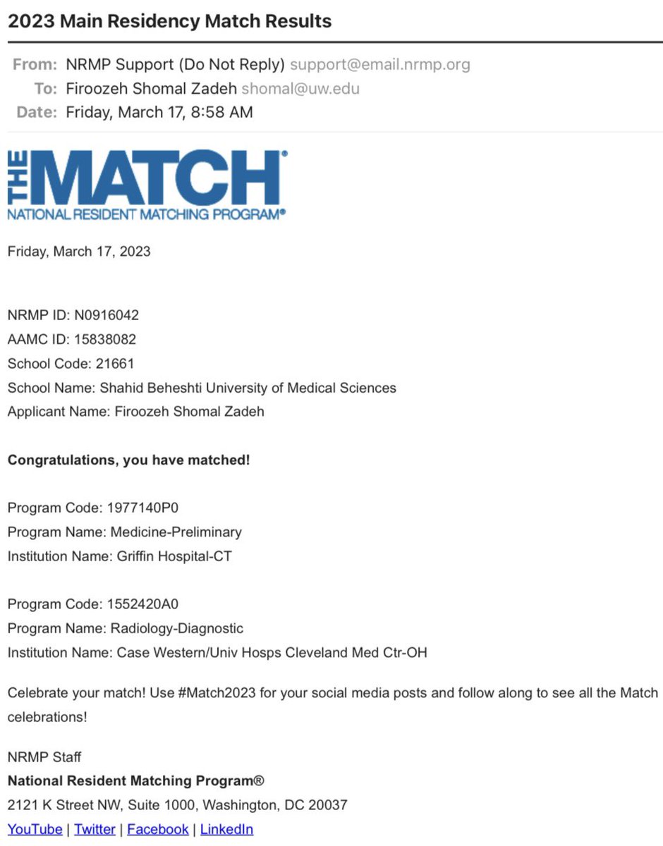 Firoozeh (@firoozehshomal) on Twitter photo What a surreal feeling to be matched at my favorite program at <a href="/UHRadiology/">UH Radiology Cleveland</a> None of this would have been possible without the unwavering support and guidance of my amazing mentors especially <a href="/MajidChalian/">Majid Chalian</a>. Thanks for believing in me.
#MatchDay #RadiologyResidency What a surreal feeling to be matched at my favorite program at <a href="/UHRadiology/">UH Radiology Cleveland</a> None of this would have been possible without the unwavering support and guidance of my amazing mentors especially <a href="/MajidChalian/">Majid Chalian</a>. Thanks for believing in me.
#MatchDay #RadiologyResidency