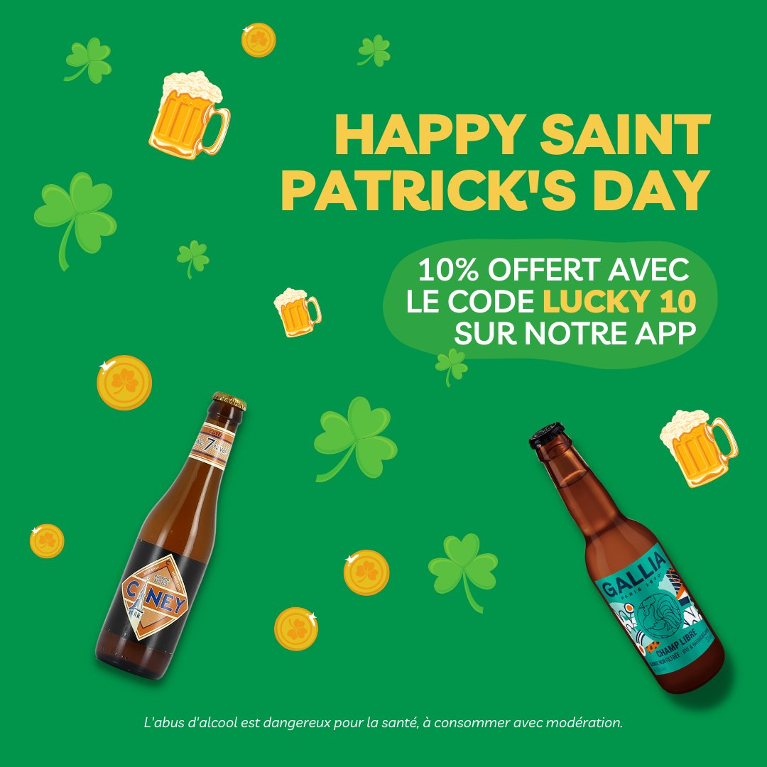 allo_apero's tweet photo. Happy St. Patrick's Day ☘️ 

C'est votre jour de chance : 10% offerts sur votre prochaine commande avec le code LUCKY10. Profitez-en dès 19h00 sur notre application https://t.co/RlruuQQDgK ✨

#StPatricksDay #offer #codepromo #ordernow https://t.co/XvhcIf45x3