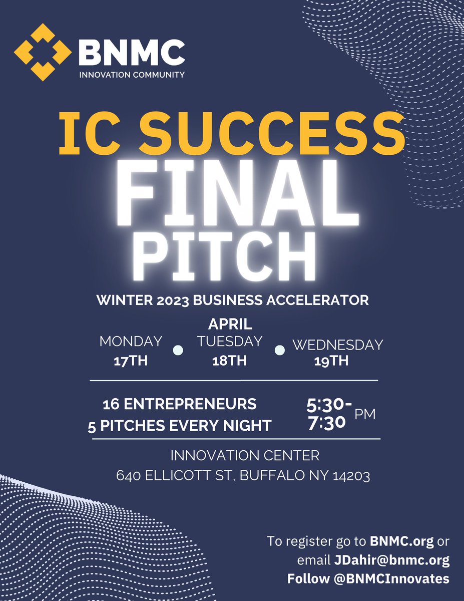 BnmcInnovates's tweet photo. Join us for an exciting event featuring 15 talented buffalo entrepreneurs who will be showcasing their final pitches on April 17, April 18 and April 19. 

Please register today to be a part of the magic they will bring! 
https://t.co/RIDQIeyhDa https://t.co/wuFWCkVz3R