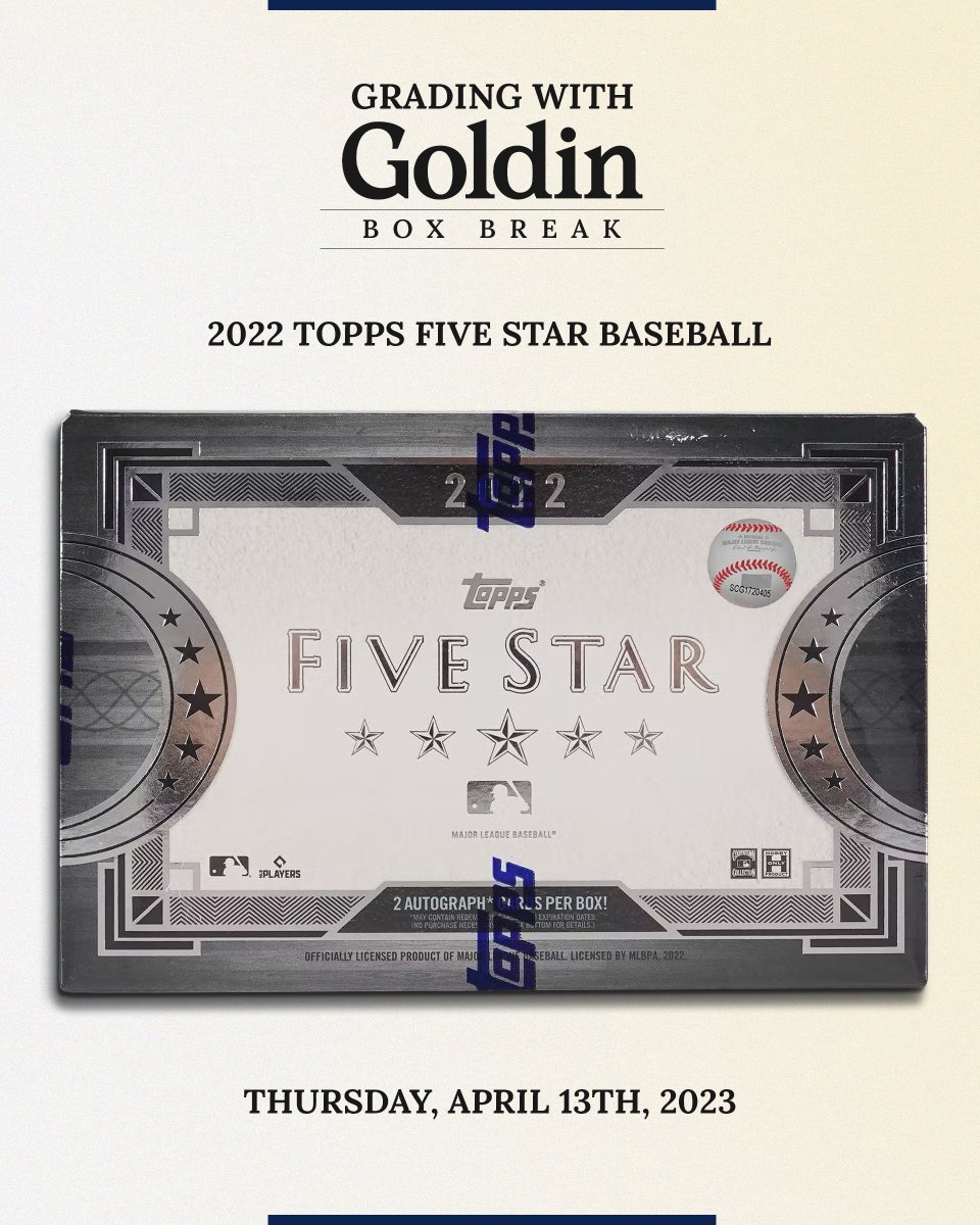 GoldinCo's tweet image. Who wants to be in our next monthly #BoxBreak? There's still time to qualify! 

Next up: we're breaking 2022 Topps Five Star Baseball Hobby Boxes

Go to goldin.co/grading to see how to become eligible.