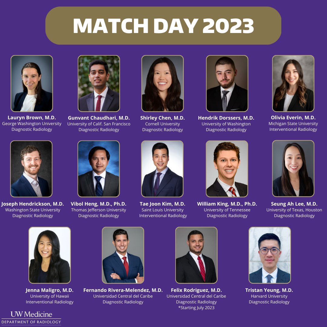 Happy #MatchDay! Welcome to all of our new DR and IR residents!

#futureradres #radres #radiology #radtwitter #MedEd #IRad #WeAreIRad #MatchDay23 #MatchDay2023 @UofWa_IR @UW_RadRes