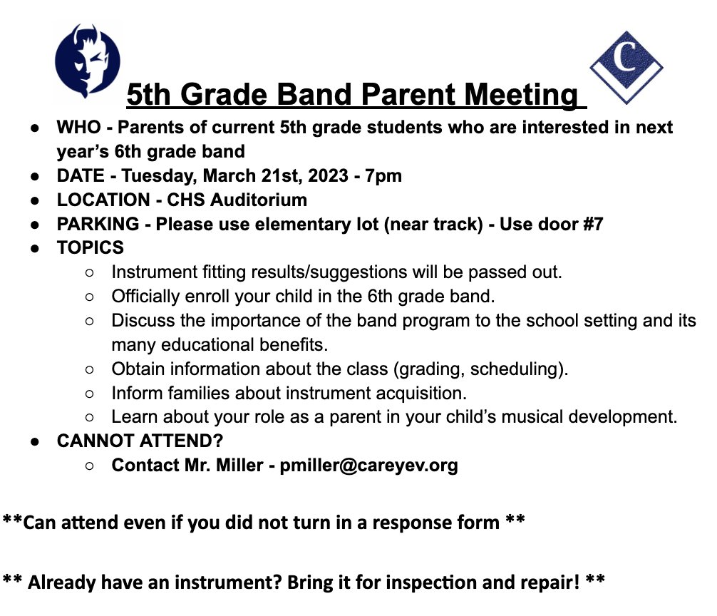 Please spread the word to our 5th grade families at Carey Exempted Village Schools and OLC School! #chsband #musicforkids #musiclastsalifetime