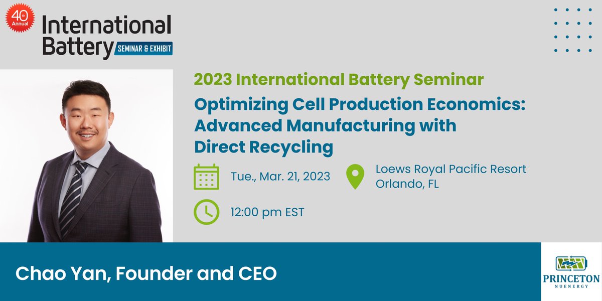 PNE_Cycle's tweet photo. At the 2023 International Battery Seminar, #PNE’s Founder and CEO Chao Yan will speak on advanced #direct #recycling technology’s many environmental and logistical benefits. Join us at the Loews Royal Pacific Resort on Tuesday, March 21st, at 12:00 pm EST.
#batteries #cleanenergy https://t.co/YTc1jYpbMW