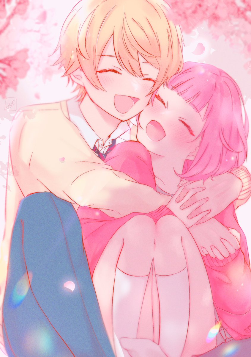 1girl 1boy pink hair blonde hair closed eyes cherry blossoms hug  illustration images