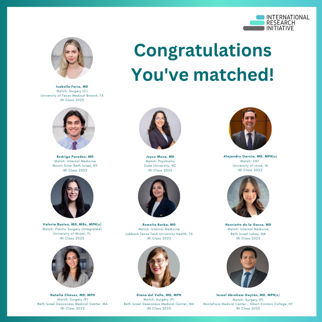 Congratulations to our IRI Alumni for their amazing MATCH! We are extremely proud of your hard work and accomplishments! We have no doubt that you will definitely shine as residents! 👏🎉💪 #Match2023 #MatchDay