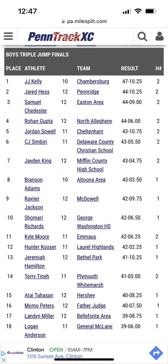 hunter_kooser's tweet photo. Finished 12th in the State for Triple Jump lucky to have the opportunity to compete at Penn States Main Indoor Facility🖤@PennStateTFXC https://t.co/2tgvA5dpah