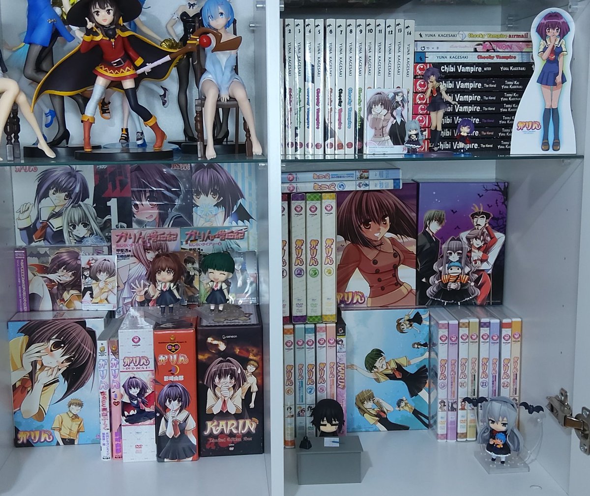 PNoattack's tweet photo. @kagesakiyuna @VivlioTekka 

Updated Karin Collection after arrival of the 100'000¥ DVD set, I love the box art of those DVD boxes much 😍😭 The DVD also have Sheets and collectable Cards inside which I didn't take out. Those nendoroid are custom and made by me! https://t.co/gxV3SA30IM