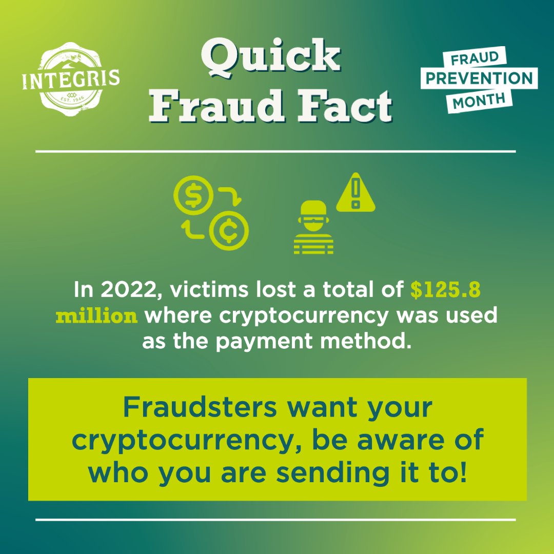 Quick Fraud Fact for #FraudSquadFridays!

DYK that in 2022, fraud victims lost a total of $125.8 MILLION where cryptocurrency was use as payment? 

Fraudsters want your crypto - so be sure to take extra steps in preventing sending it to the wrong person. 

#kNOwFraud #FPM2023