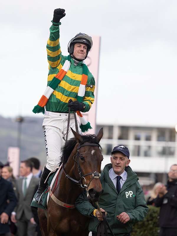 KieranMcC_SS's tweet photo. Decked out in his Rosscarbery colours (😁), Brian Hayes celebrates his first Cheltenham winner, on Impervious in the Mares' Chase! https://t.co/z1fD4wxSyK