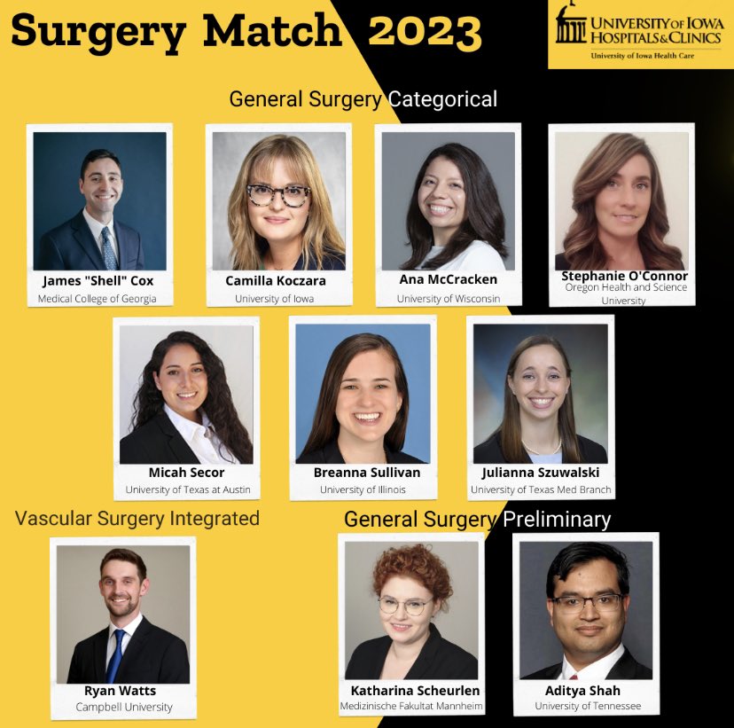 UIowa_Surgery's tweet photo. We are excited to announce our incoming General Surgery and Vascular Surgery Integrated interns starting July 2023! Welcome to @uihealthcare @IowaMed and the surgery team! #gensurgmatch2023 #GoHawks #Match2023 https://t.co/jfGaL4T3Ao