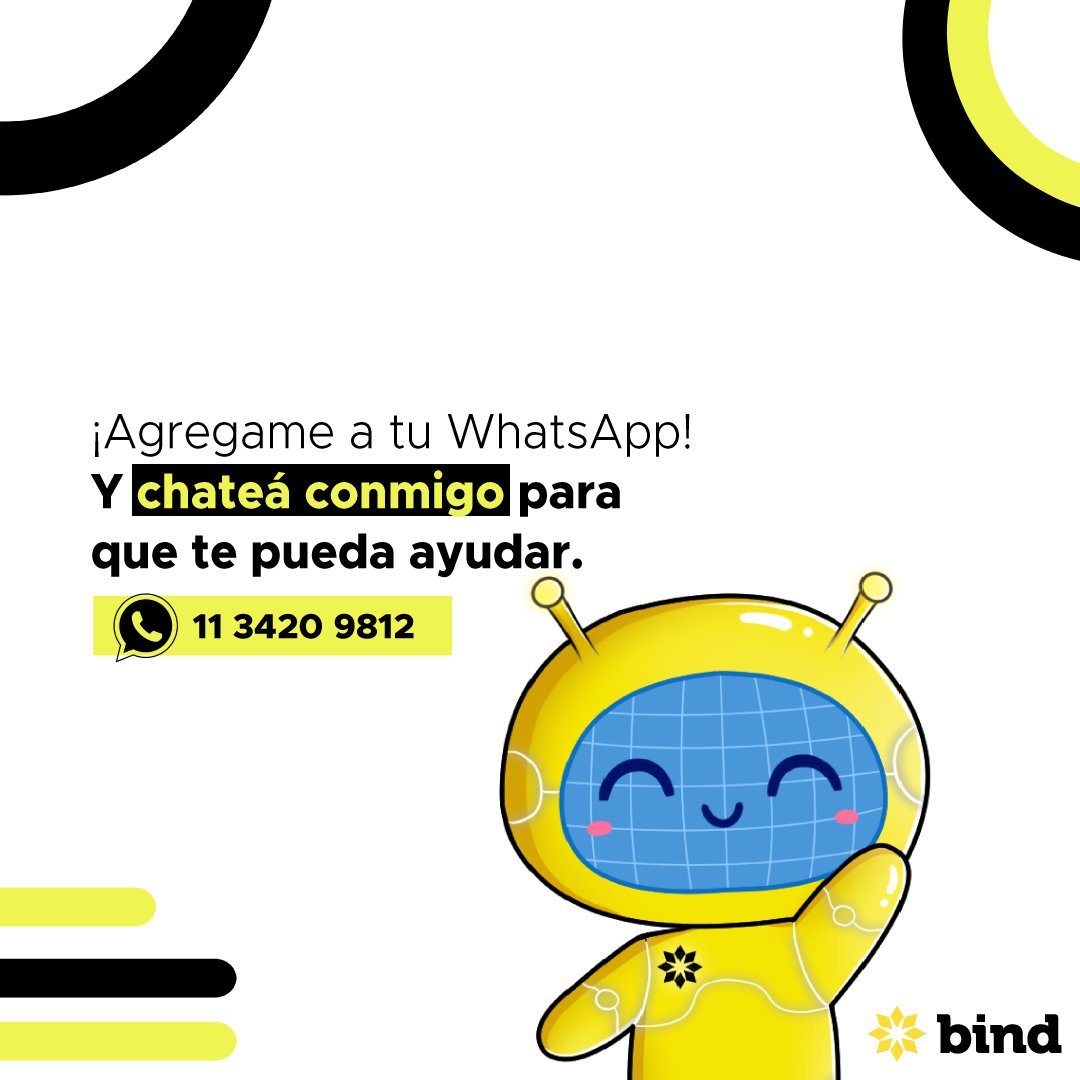 bindARG's tweet photo. ¡Te presentamos a Bindi! El asistente virtual de BIND. Con él vas a poder auto-gestionar tus consultas. 🤖

Chatear con Bindi es re fácil. Escribile a través de WhatsApp: https://t.co/PBPZ3XbYhd y te va a ayudar a conocer los canales en los que podés realizar tus operaciones. 🙌🏻 https://t.co/hXBhE4HoY9