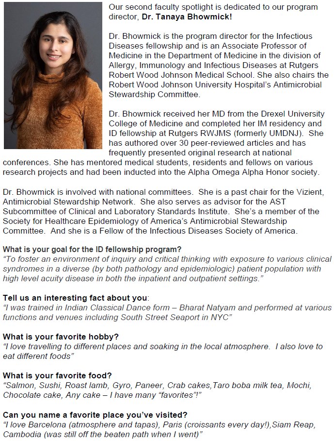 RWJMS_ID's tweet photo. Next up in our faculty spotlight series: Dr. Tanaya Bhowmick @TanayaMD, our fellowship PD and chair of ASP!🥳. For more information about our division: https://t.co/OMzeW7Sbs4 #IDtwitter #MedTwitter 
@RWJMS https://t.co/SDrru9Kmvg