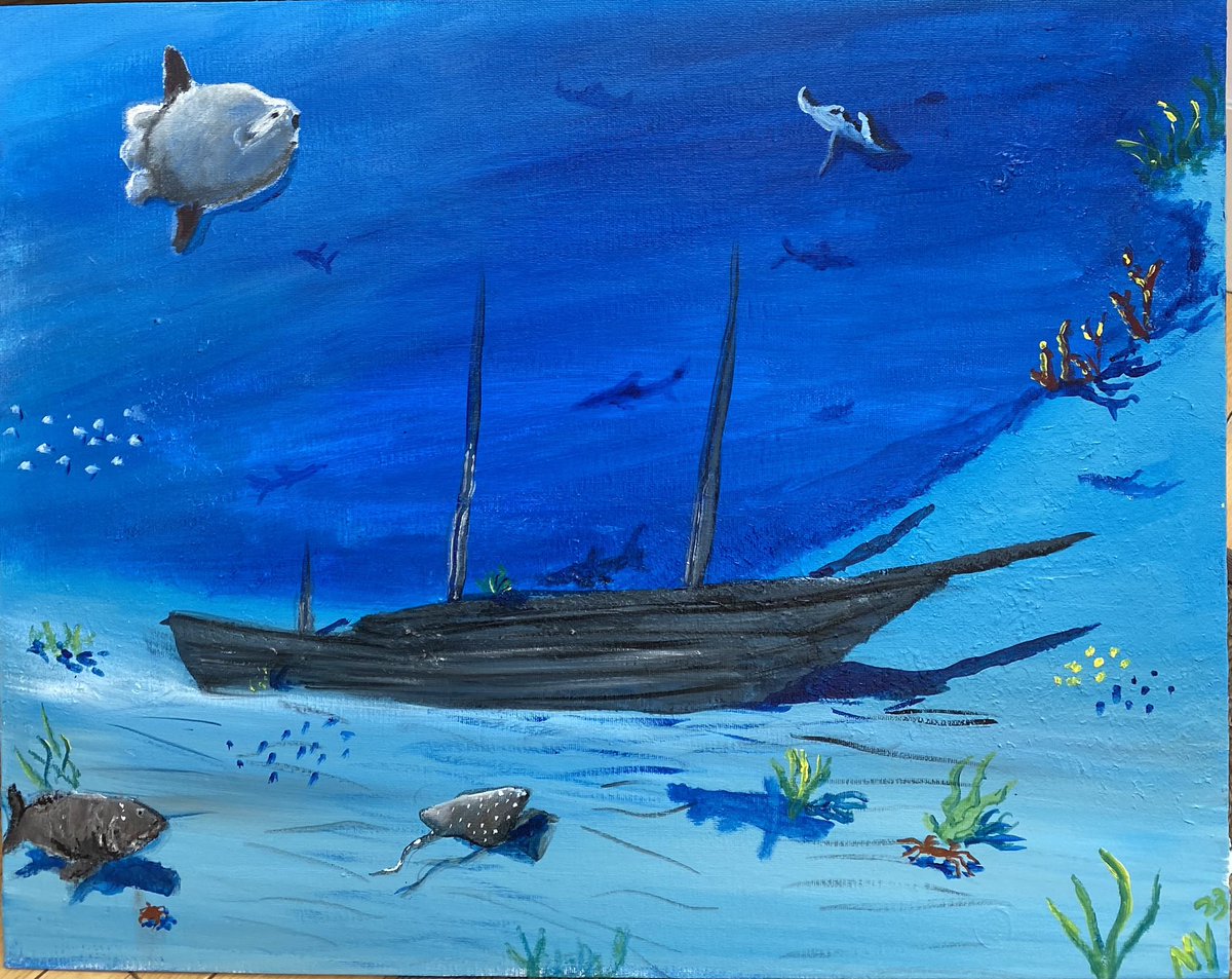 ItsArtDummy's tweet photo. 16”x20” acrylic on canvas board #art #artist #artists #artoftheday #underwater #shipwreck #sunken #GoliathGrouper #batray #stingray #ocean #sunfish #fish #blue https://t.co/uH2RjbfFYh