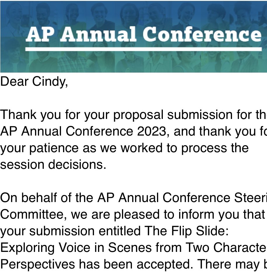 Very excited to present this session on Multiple Narrative Perspectives and  Voice with  @PKBrow and @LoriHopeBowen1 ! Looking forward to the  #AP Annual Conference!!! @collegeboard #aplitchat