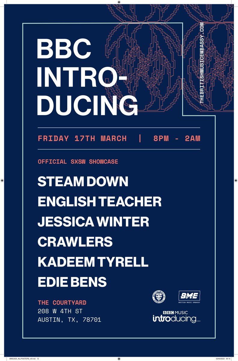Only two days left of @sxsw! Tonight sees the next @bbcintroducing official @SXSW showcase for the @britishmusicbiz, which we are proud to support. Featuring @SteamDown_, @EnglishTeac_her, @WinterJessica, @CrawlersHQ, @KadeemTyrell and @ediebens.