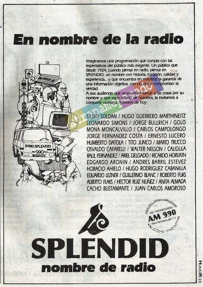 atrapamepasado's tweet photo. #RevistaHumor me lleva a #Los80 para escuchar la competitiva #Programación de #LR4Splendid: "Todo pasa y todo queda", "La mañana de Soldán", "Buenas tardes" con Simons, Guerrero en "Reencuentro", "Golosinas", fútbol, boxeo ¡y mucho más!
#En1987 #Hace36Años📻 https://t.co/nsTJMnXwBV