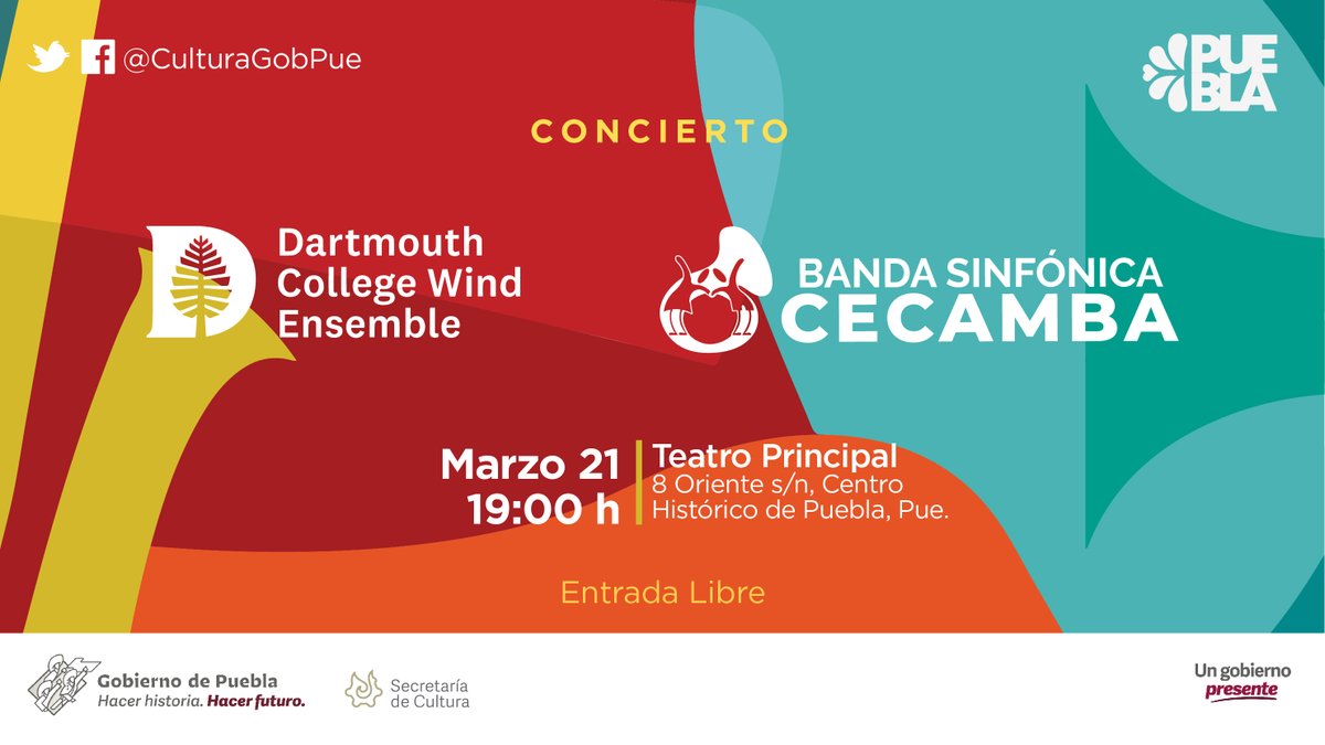 CulturaGobPue's tweet photo. #PorPuebla 🫶 | Acompáñanos este 📆21 de marzo al concierto de la Banda Sinfónica #CECAMBA en compañía de Dartmouth College Wind Ensemble #DCWE, ensamble estadounidense que se encuentra de gira por México sirviendo como embajadores culturales.
📌 Teatro Principal
🎟️ Entrada libre https://t.co/8BhvLYHyyv