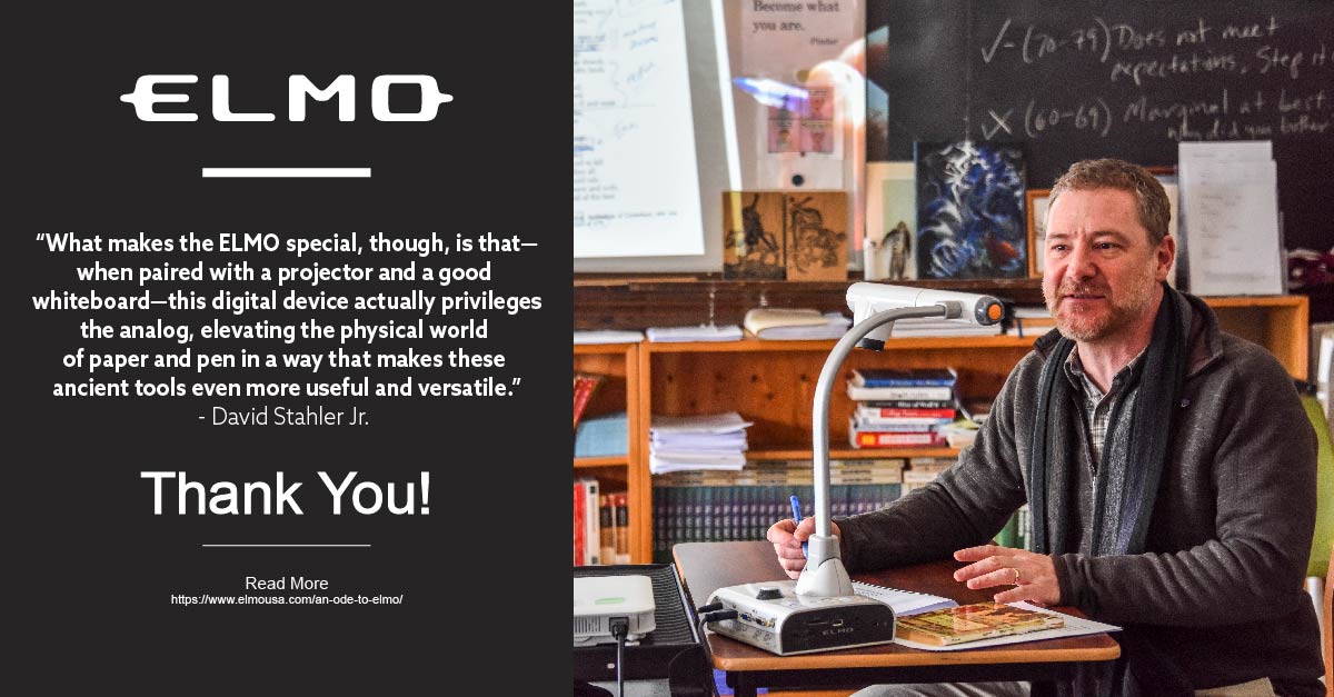 ELMO_USA's tweet photo. " I started using in the classroom a few years ago, one that totally transformed how I teach literature and writing at Lyndon Institute." 

Read the full "Ode to ELMO" https://t.co/mvQkhM67MQ

By David Stahler Jr. 

#elmodocumentcamera #documentcamera #classroom #classroomideas https://t.co/r52dVO95j6