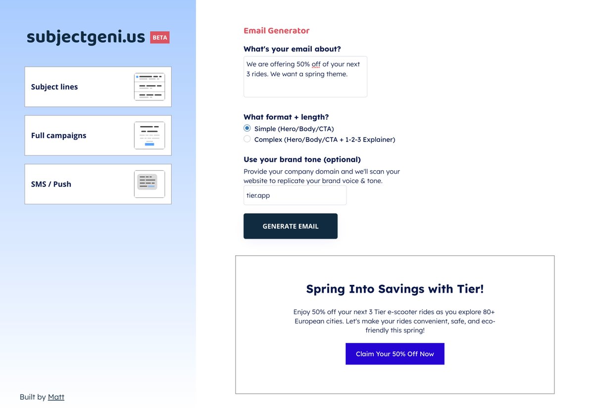 New on Subjectgeni.us today after the <a href="/litmusapp/">Litmus</a> webinar yesterday: Automatically infuse your brand tone &amp; voice into auto-generated emails.

Write your prompt, input your URL, and we'll scan it for tone &amp; voice to use in the auto-generated campaign.

built on <a href="/bubble/">Bubble</a> :)