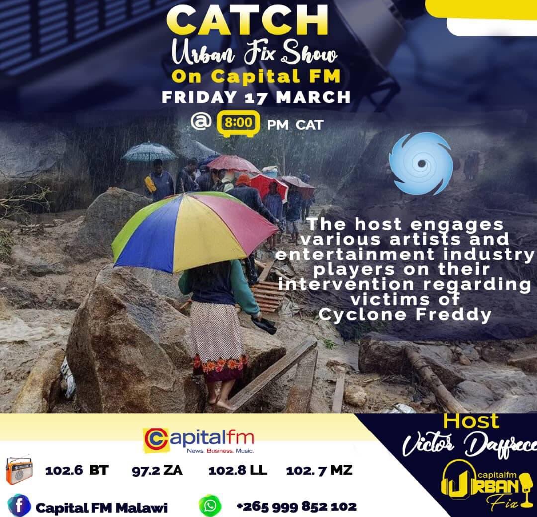 Catch the special edition of Urban Fix Tonight @ 8pm with Victor Daffrece as he chats with various local &amp; international artists &amp; entertainment industry players about what they’re doing to assist the flood victims of #CycloneFreddy 🇲🇼 

#KeepItCapital
#UrbanFix