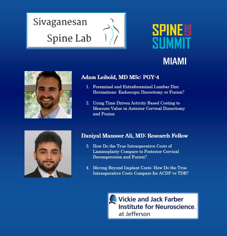 AhilanSiva's tweet photo. Proud of @TJUHNeurosurg resident @LeiboldAdam and research fellow Daniyal Ali… 4 oral presentations for our lab at the @spinesection

Thx to Jim Harrop, @sprasadmd , Jack Jallo, Josh Heller, @AshSharan , @ChenWuMD , @rhrosenwasser !

@TJUHospital @CNS_Update @AANSNeuro @ForSpine https://t.co/3U1tFxYJei