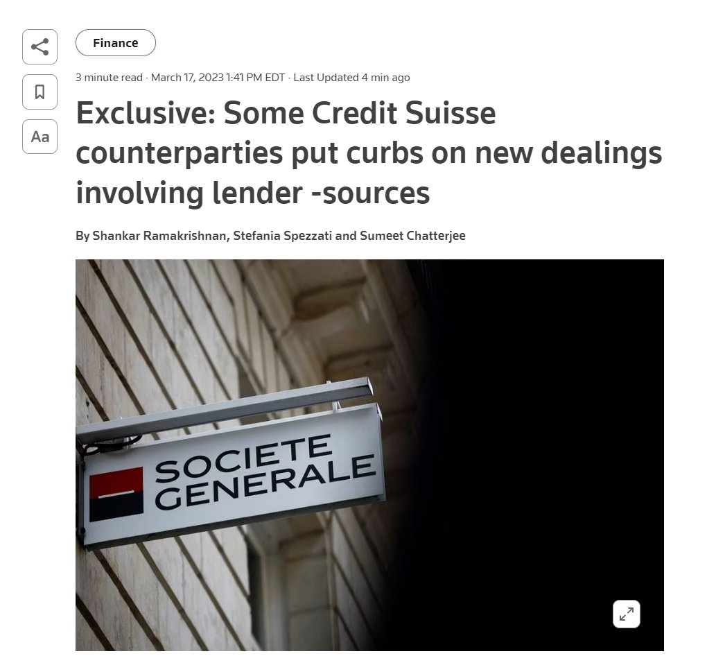 WallStreetMav's tweet image. Four major banks, including Societe Generale and Deutsche Bank have put restrictions on their trades involving Credit Suisse. 🤨

This is what happened in 2008 to Lehman in the days before it's collapse. Trading counterparties started declining to do business with them.
