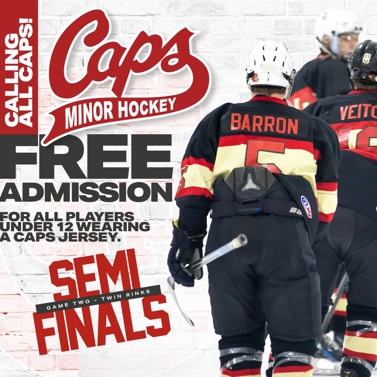Calling all Caps! 

Game 2 of the <a href="/sjjuniorhockey/">St. John's Junior Hockey League</a> Semifinals series is Saturday Night at Twin Rinks. The Junior Caps need your support. All Caps players age 12 and under wearing their Caps jersey get in for to all home games for FREE! Let’s fill Twin Rinks with Caps fans. 
<a href="/SJMHA/">St. John's Caps</a>