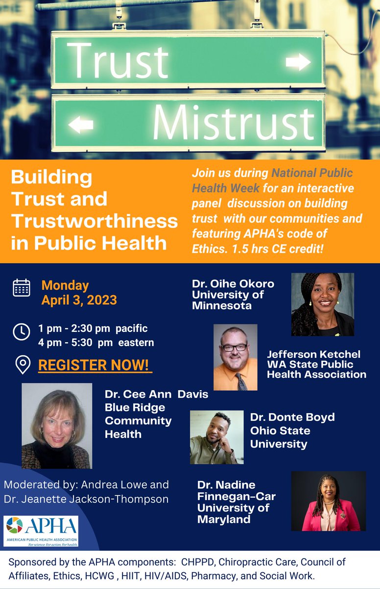 Upcoming expert panel online discussion on Building Trust and Trustworthiness in Public Health will air on Monday April 3rd during NPHW: apha.org/Events-and-Mee…

Register: pathlms.com/health/courses…

LEAD: log in w/ APHA ID
lead.apha.org/home/memberhome
