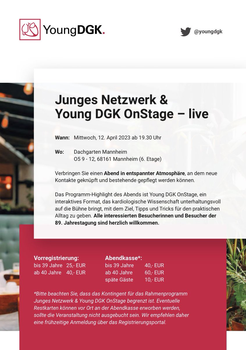 YoungDgk's tweet photo. 🫵 Habt Ihr Euch schon Euer Ticket gesichert?

▶️ Junges Netzwerk &amp; Young DGK OnStage live ◀️

Am 12. April um 19:30 Uhr im #DachgartenMannheim

https://t.co/3K5vMJTCTY 
@DGK_org @kardiologie_org https://t.co/mKZCsK7J6O