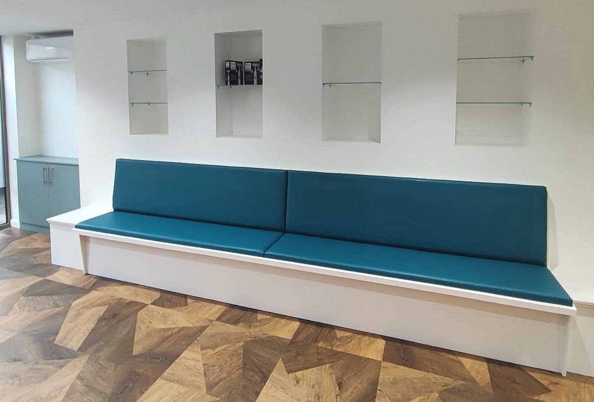 Bespoke seating benches from scratch with new foam and padding in a dental.

#benchupholstery #bespokebench #bespokeseating #bespokefurniture #seatupholstery #furniturerestoration #furnitureupholstery #upholsteredfurniture #commercialupholstery #contractupholstery