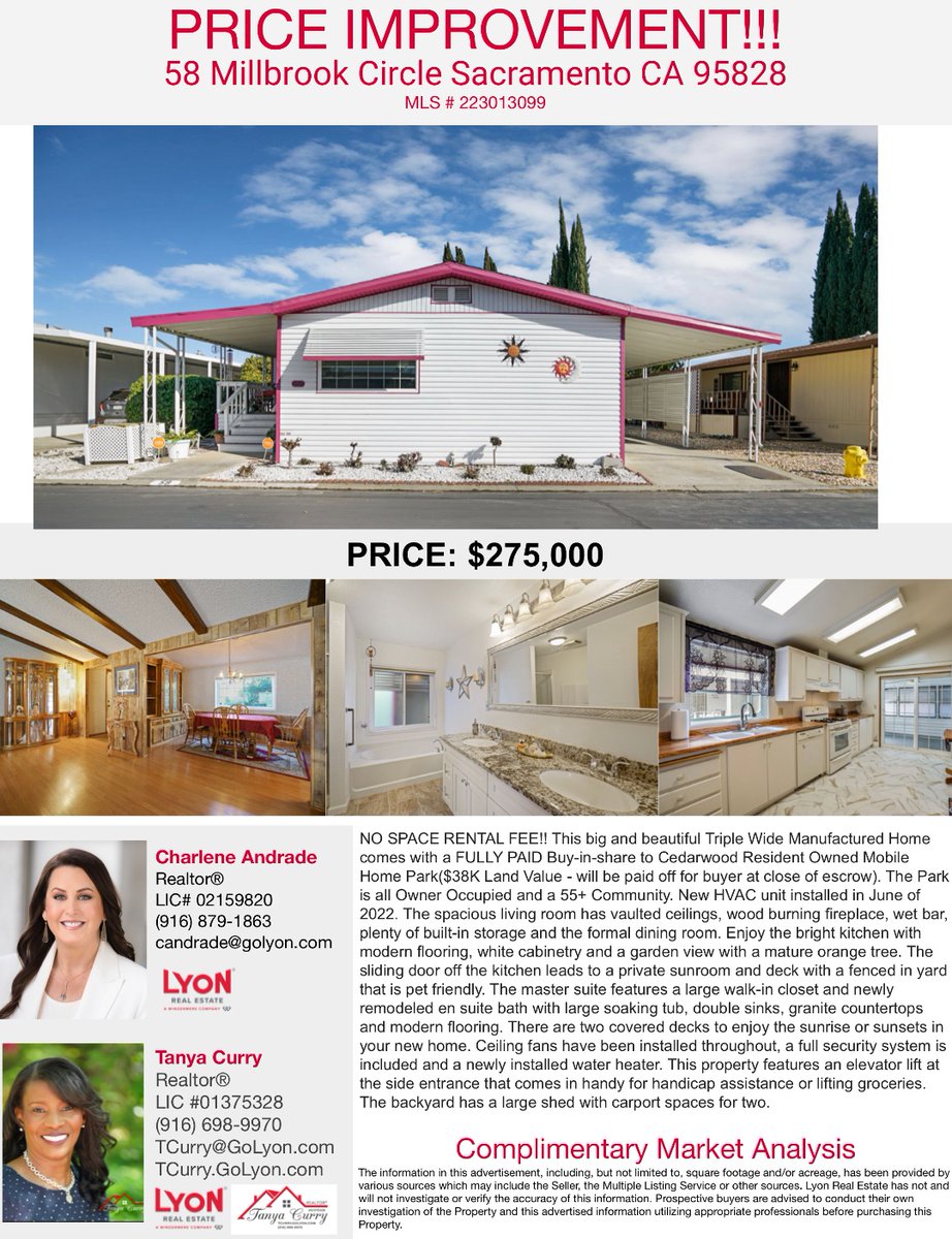 ‼️PRICE IMPROVEMENT‼️

58 Millbrook Circle 
Sacramento, CA 95828

Tanya Curry 
Lyon Real Estate
📧TCurry@GoLyon.com
DRE# 01375328

#realtor #realestate #sacramento #pricereduction #priceimprovement #forsale #bue #seniorcommunity #buy