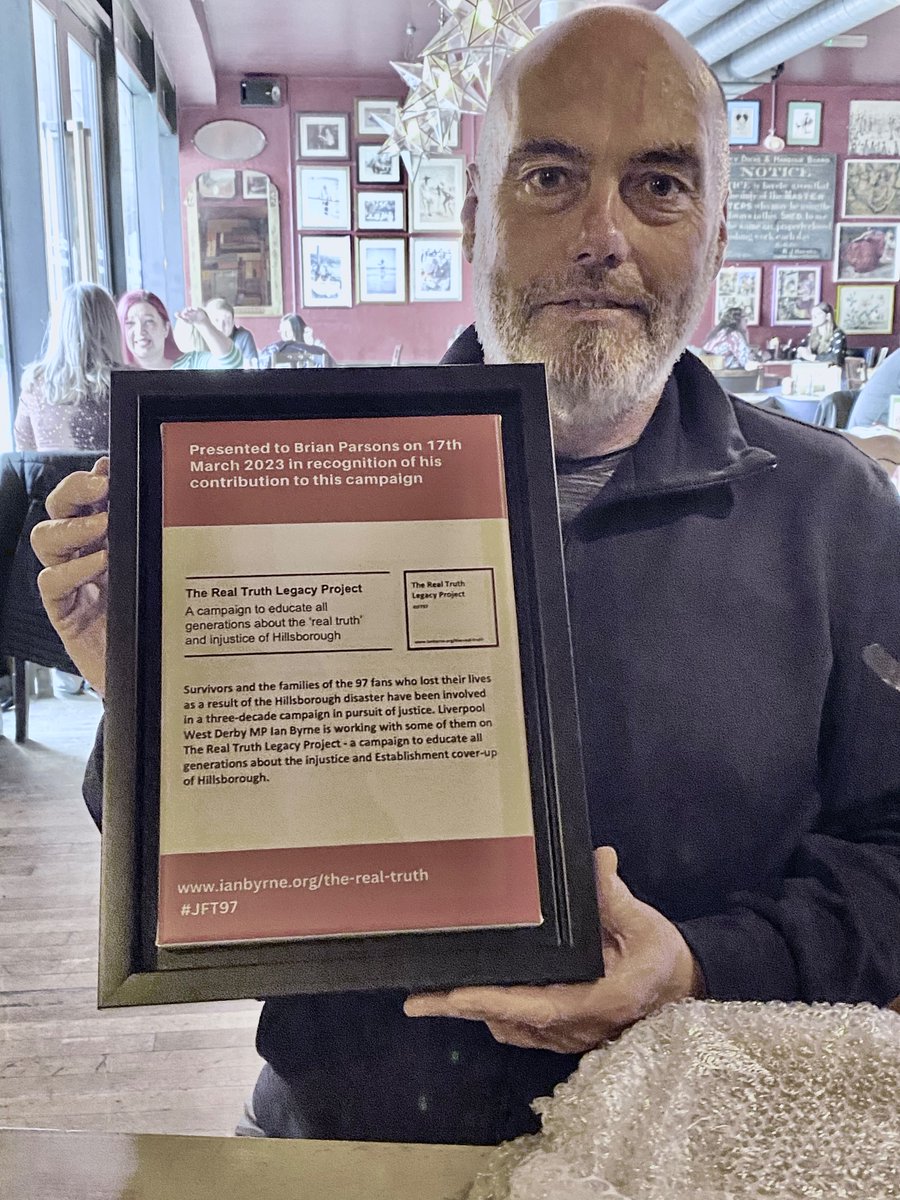 Humbled to be presented today with a lovely acknowledgement from @IanByrneMP team for helping on the trade union learning aspect of #RealTruthLegacyProject - which educates school children & trade unionists alike about the ‘real truth’ & aftermath of Hillsborough #JFT97