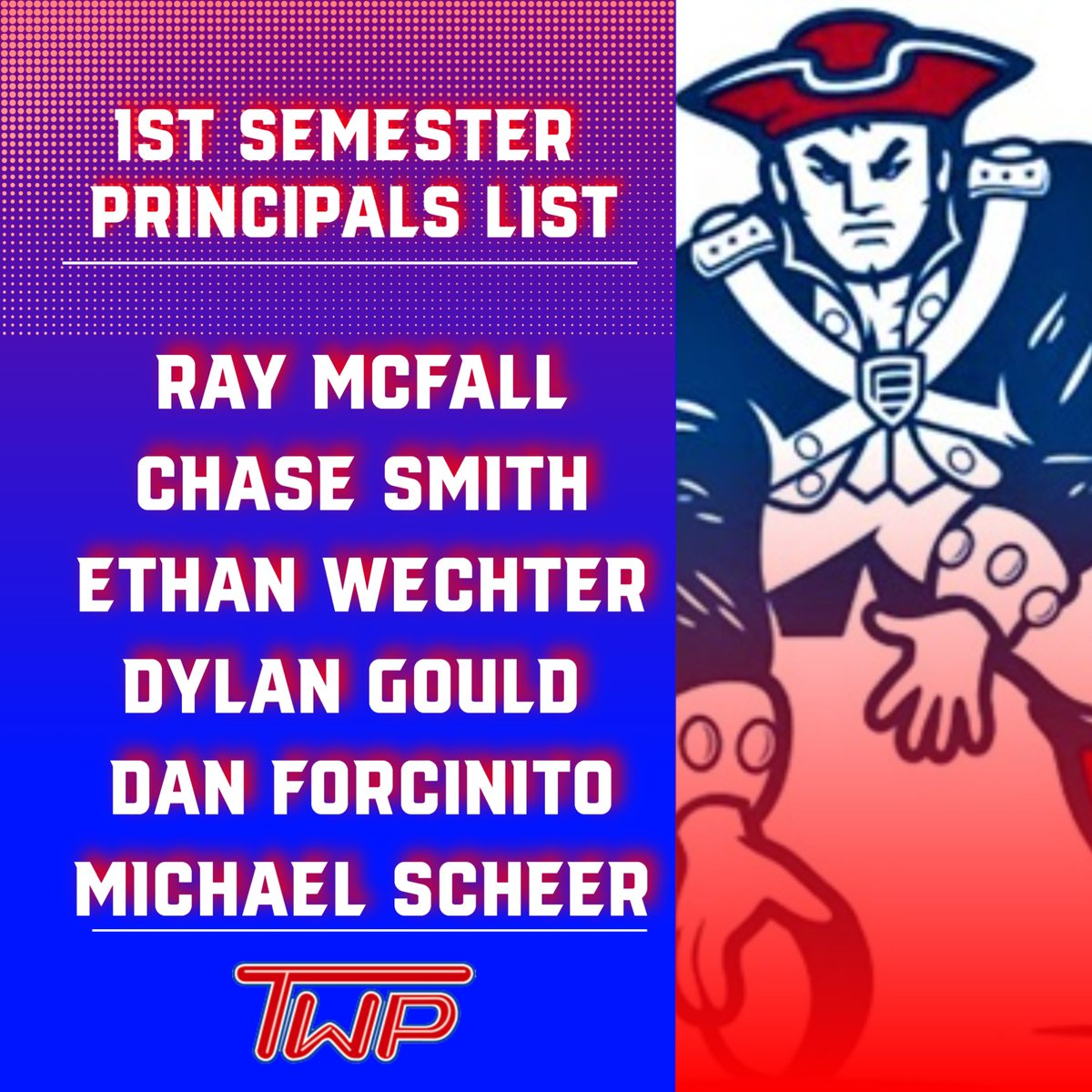 1st Semester Principals List! Congratulations to the following student-athletes....Ray McFall, Chase Smith, Ethan Wechter, Dylan Gould, Dan Forcinito, &amp; Michael Scheer! Getting it done in the classroom!