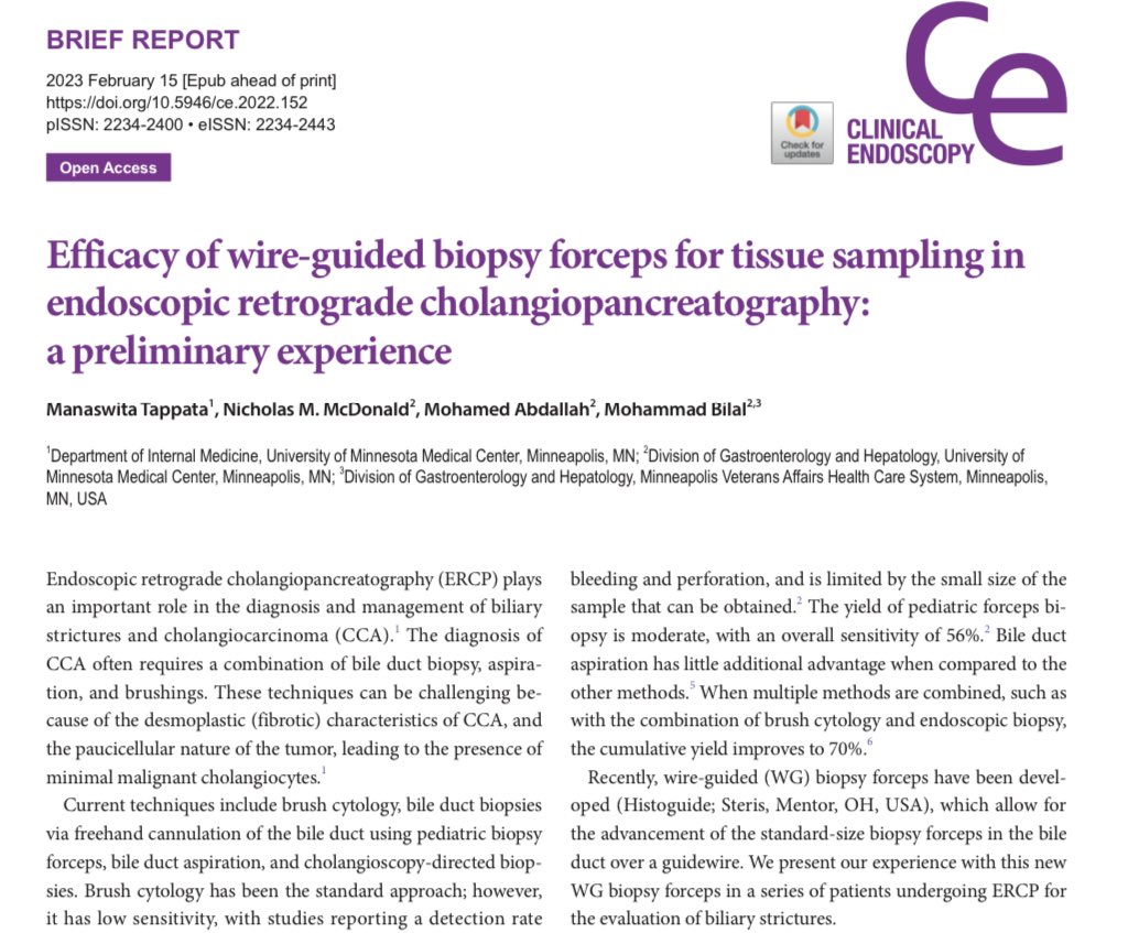 BilalMohammadMD's tweet photo. Histological dx of #BiliaryStrictures cont to be a challenge
Our prelim experience of “Wire Guided Bx Forceps” (Old concept + 💵 effective) 👇
✅ 100% tech success
✅ 83% clini success
✅ Dx accuracy > Brushings alone
Good 🔨to have in Endoscopists 🧰
https://t.co/tkKWC1KJR4 https://t.co/AOwzCiyD3q