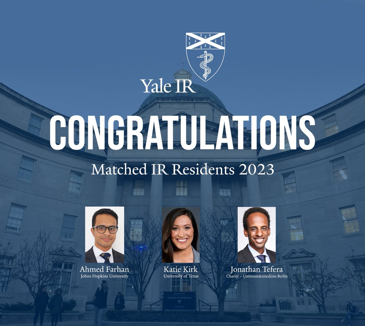 Yale IR (@yale_ir) on Twitter photo Welcome to the Yale IR Family! We are so excited for Katie, Jonathan, and Ahmed to join us this summer!
#Match2023
@yale <a href="/Yale/">Yale University</a>Med <a href="/YaleRadiology/">Yale Department of Radiology & Biomedical Imaging</a> <a href="/YaleRadRes/">Yale Radiology Residents</a> Welcome to the Yale IR Family! We are so excited for Katie, Jonathan, and Ahmed to join us this summer!
#Match2023
@yale <a href="/Yale/">Yale University</a>Med <a href="/YaleRadiology/">Yale Department of Radiology & Biomedical Imaging</a> <a href="/YaleRadRes/">Yale Radiology Residents</a>