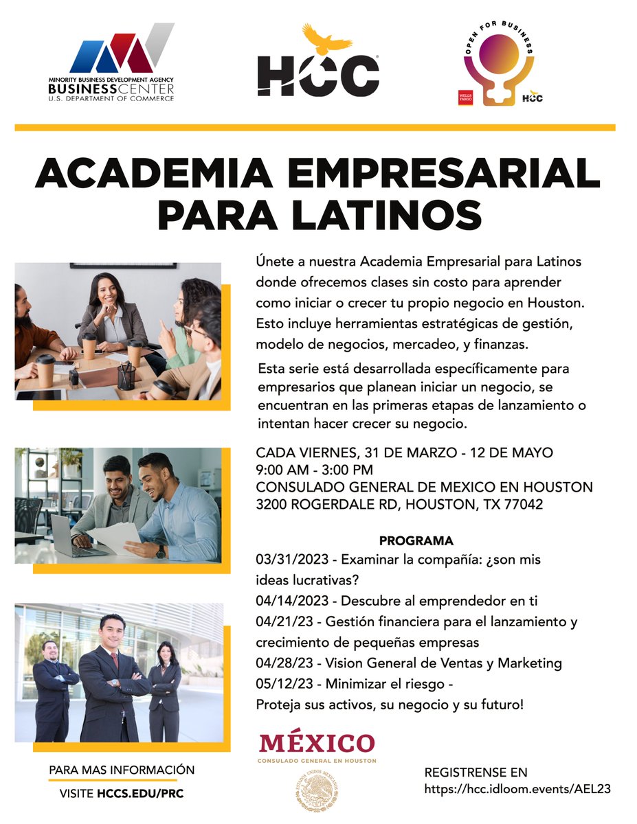 ConsulMexHou's tweet photo. ¿Quieres abrir tu negocio o hacerlo crecer? @WeAreHCCS y @ConsulMexHou te invitan a participar en la Academia Empresarial para Latinas y Latinos. ¡Aprende sobre estrategias de gestión, modelo de negocios, mercadeo y finanzas! Regístrate en https://t.co/8zW5RO0xZ2 https://t.co/ZPG9PNGf1d