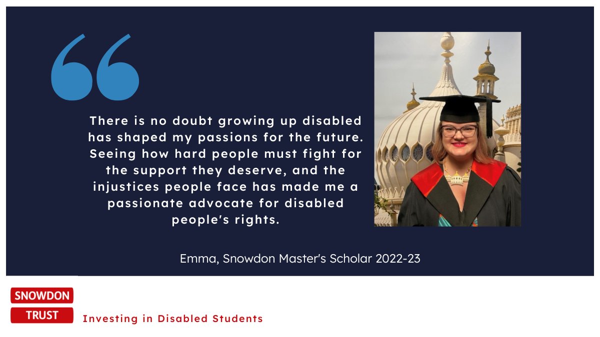 SnowdonTrust's tweet photo. Emma's experiences growing up with disabilities has led to her interest in children's rights, which she is now pursuing as a #Masters. Her #Scholarship has allowed her to live near her university and continue with her voluntary work https://t.co/r96eUjNGVy
#DisabledStudents https://t.co/GS8Nsj9sR4