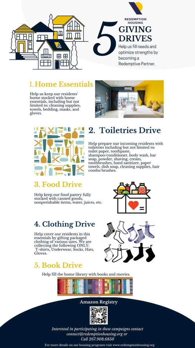 RedemptionPHL's tweet photo. Our giving drive continues as we seek to put the finishing touches on Barnabas House. Take a look at the attached flyer, including the QR code that will take you to our Amazon wish list, and consider making a donation. https://t.co/oXQ6tWU5un