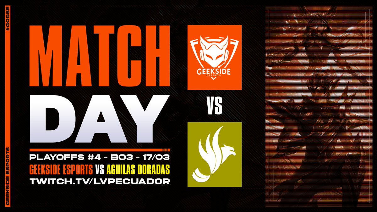 🦊Hoy Jugamos en Playoffs🦊

Se viene esta nueva jornada de #Playoffs y vamos a destruir pájaros 😈

Nos toca pelear contra <a href="/TAguilaDorada/">Team Águilas Doradas</a> 🦅

Ven a vernos en twitch.tv/lvpecuador 🟪
A las 19h00 🇪🇨

¡VAMOS GEEKSIDE!

#GoGSE #WeAreGSE #EnterTheGeekSide #VolcanoDiscoverLeague