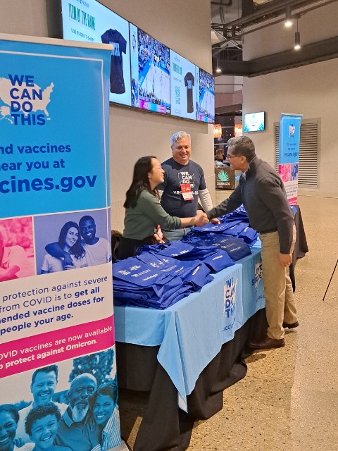 Boosting your COVID protection is a slam dunk. Yesterday, @SecBecerra attended the Milwaukee Bucks game to encourage fans to get their free COVID vaccine and visit the #WeCanDoThis booth. Find free vaccines at vaccines.gov.