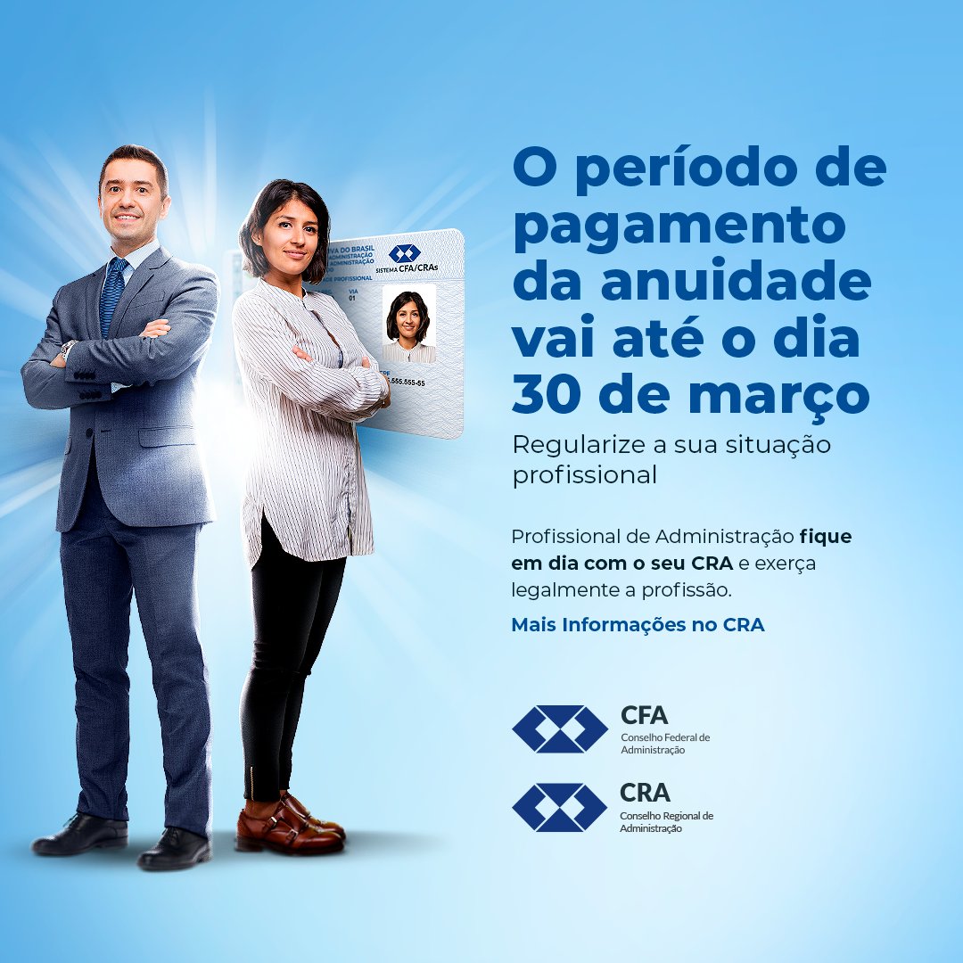 cfaadm's tweet photo. Profissional de Administração, fique em dia com o seu conselho regional. Anuidade disponível para pagamento até 30 de março 💙🤝👏
Procure o seu CRA.
#anuidade #conselhofederal #administração #direitos #desconto #profissional https://t.co/eO1W2Q9BBk