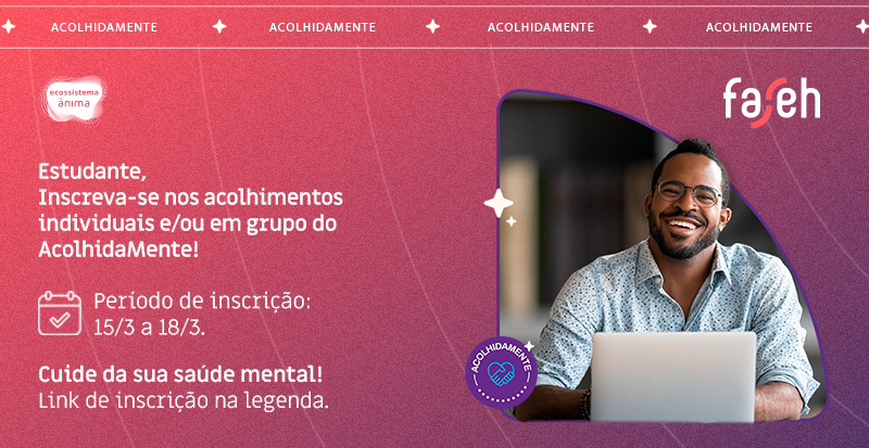 faculdade_faseh's tweet photo. Que tal cuidar da sua saúde mental através dos acolhimentos individuais e/ou em grupo do AcolhidaMente? 

Inscreva-se: https://t.co/vPZYyS6PJP 

A sua saúde mental é muito importante! ❤ 

️#Faseh https://t.co/u5NyVdG2aY
