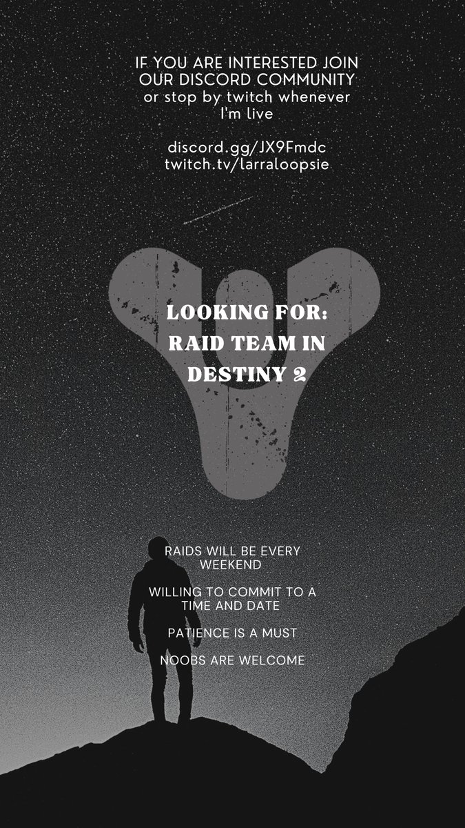 larraloopsie's tweet photo. LOOKING FOR : people who can be a part of the weekend D2 raid team.
people who can commit to a time and date that can run weekly raids.
Normally starts at around 4PM EST.
#Destiny2 #lookingforgroups #LFG #d2raid https://t.co/Ke7ao52AkX