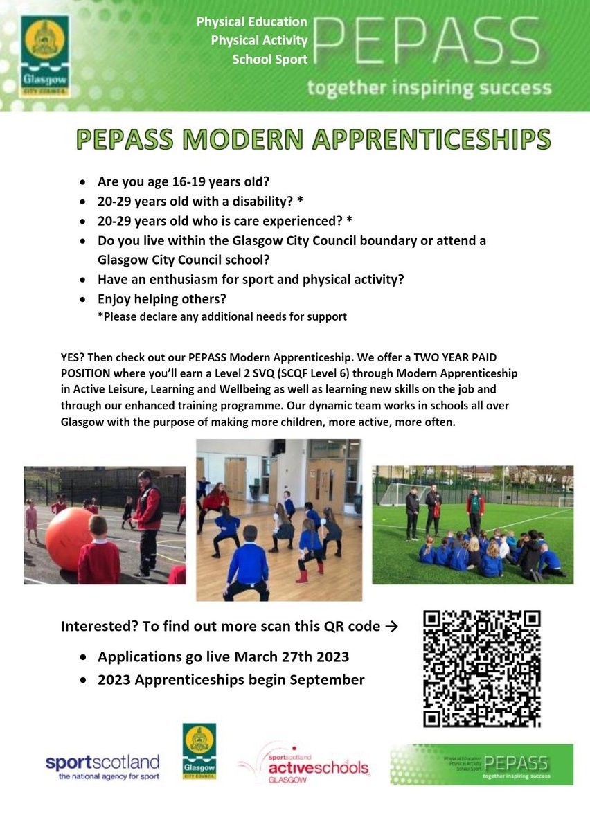 ‼️Interested in finding out more about our <a href="/PEPASSGlasgow/">PEPASS Glasgow</a> #ActiveSchools Modern Apprenticeships 2023⁉️ 
Click on the link..
blogs.glowscotland.org.uk/gc/pepassglasg…
Scan the QR Code 
Applications go live Mon 27 March
@Doug_GCC
<a href="/sportscotland/">sportscotland</a> <a href="/Glasgow_Sport/">Glasgow Sport</a> <a href="/TBF_Glasgow/">Towards Better Futures</a> <a href="/EdISGlasgow/">EdIS Glasgow</a> <a href="/DYWGlasgow/">DYW Glasgow</a>