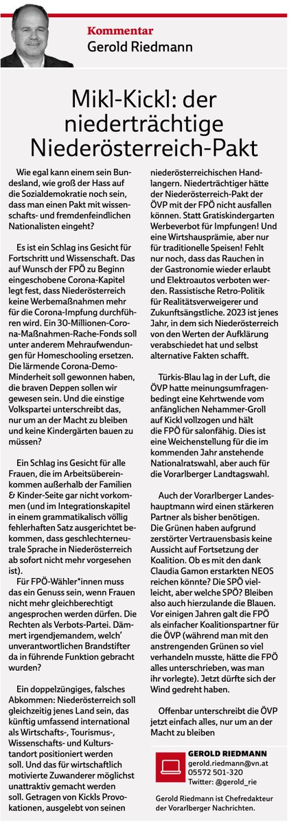 VN-Leitartikel: Rassistische Retro-Politik für Realitätsverweigerer und Zukunftsängstliche. 2023 ist jenes Jahr, in dem sich #Niederoesterreich von den Werten der Aufklärung verabschiedet hat und selbst alternative Fakten schafft. <a href="/VNRedaktion/">Vorarlberger Nachrichten</a> #oevp #landbauer