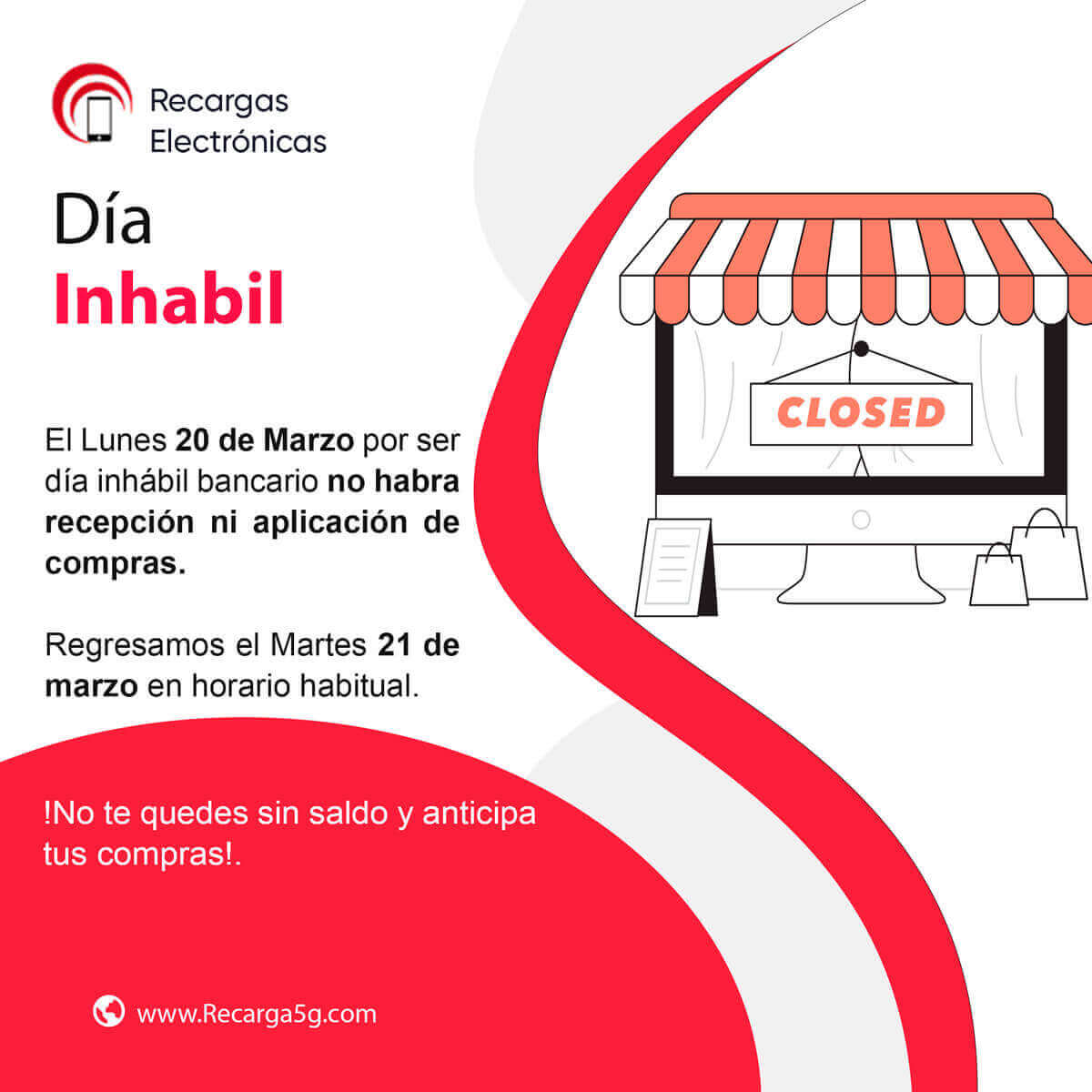 recargascelular's tweet photo. Estimados clientes,

Espero que estén teniendo un excelente día. Quería tomarme un momento para informarles que nuestra oficina estará cerrada el próximo lunes 20 de marzo. Sin embargo, quisiera pedirles su colaboración para anticipar sus compras https://t.co/huFhGAEL0l