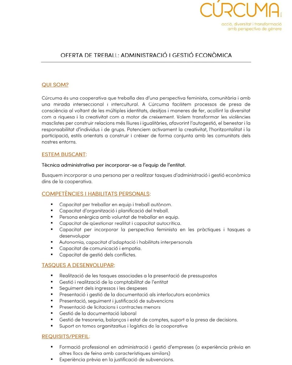 CoopCurcuma's tweet photo. AMPLIEM DATES: 📣📣 OFERTA DE TREBALL📣📣
Busquem tècnica administrativa per incorporar-se a l'àrea d'administració i gestió econòmica a 35h/setmana.

Envia'ns el teu CV i carta de presentació abans del 24 de març.

Entrevistes el 28 de març per la tarda
♀️♀️♀️♀️♀️ https://t.co/CbDbBDkfIk